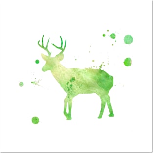 Green Deer Watercolor Painting 2 Posters and Art